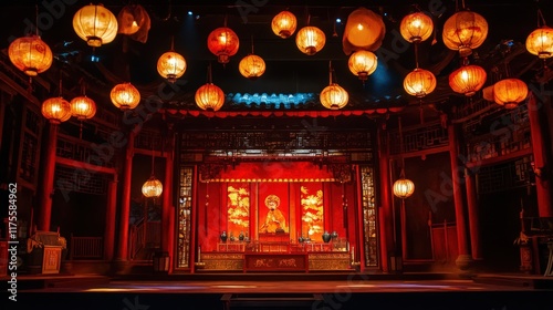 Obraz na płótnie Illuminated Stage Design Featuring Chinese Lanterns and Red Accents w salonie