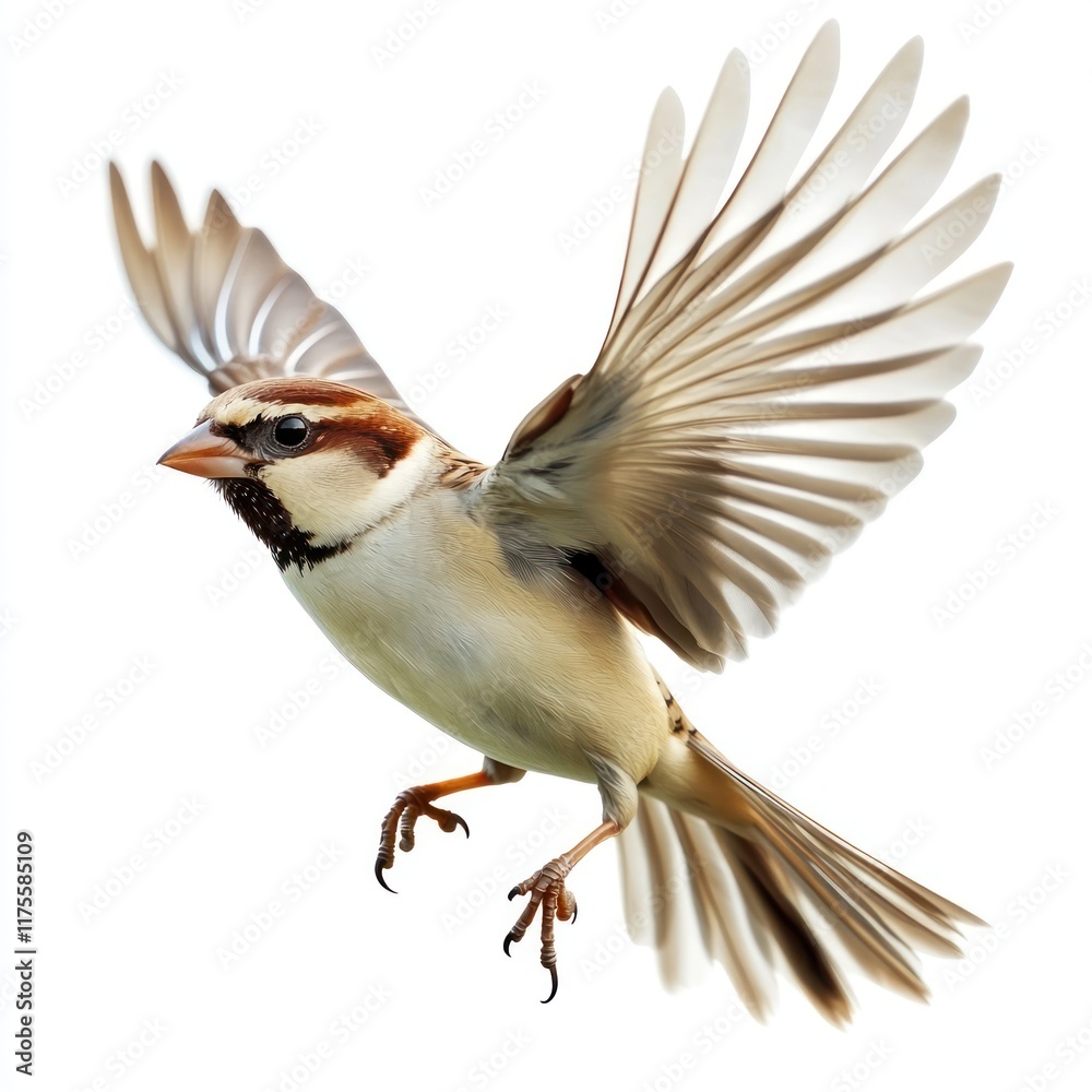 Obraz premium A bird in mid-flight, showcasing its wings and plumage against a white background.