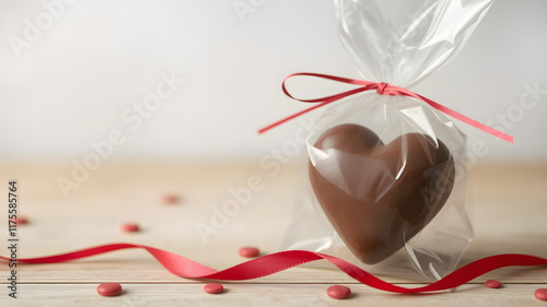 Sweetest Valentine's Gift: A heartfelt gesture wrapped in love. A chocolate heart, elegantly presented in a cellophane bag tied with a red ribbon, sits on a rustic wooden table.