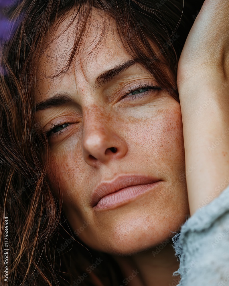 Close-up portrait of a person finding peace amid the struggle of pain Close-up portrait of a person finding peace amid the struggle of pain