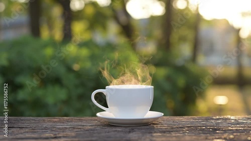 Slow motion hot coffee mug with steaming espresso outdoor nature scene concept of comfort and warmth