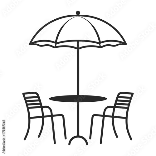 Beach chair with umbrella vector, silhouette, line art illustration