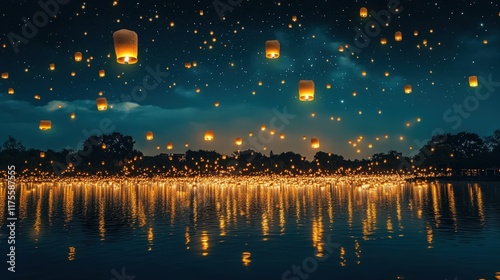 Illuminated Sky Lanterns Float Over Dark Water At Night photo