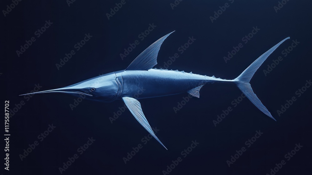 Obraz premium A sleek, blue marlin swims in dark water.