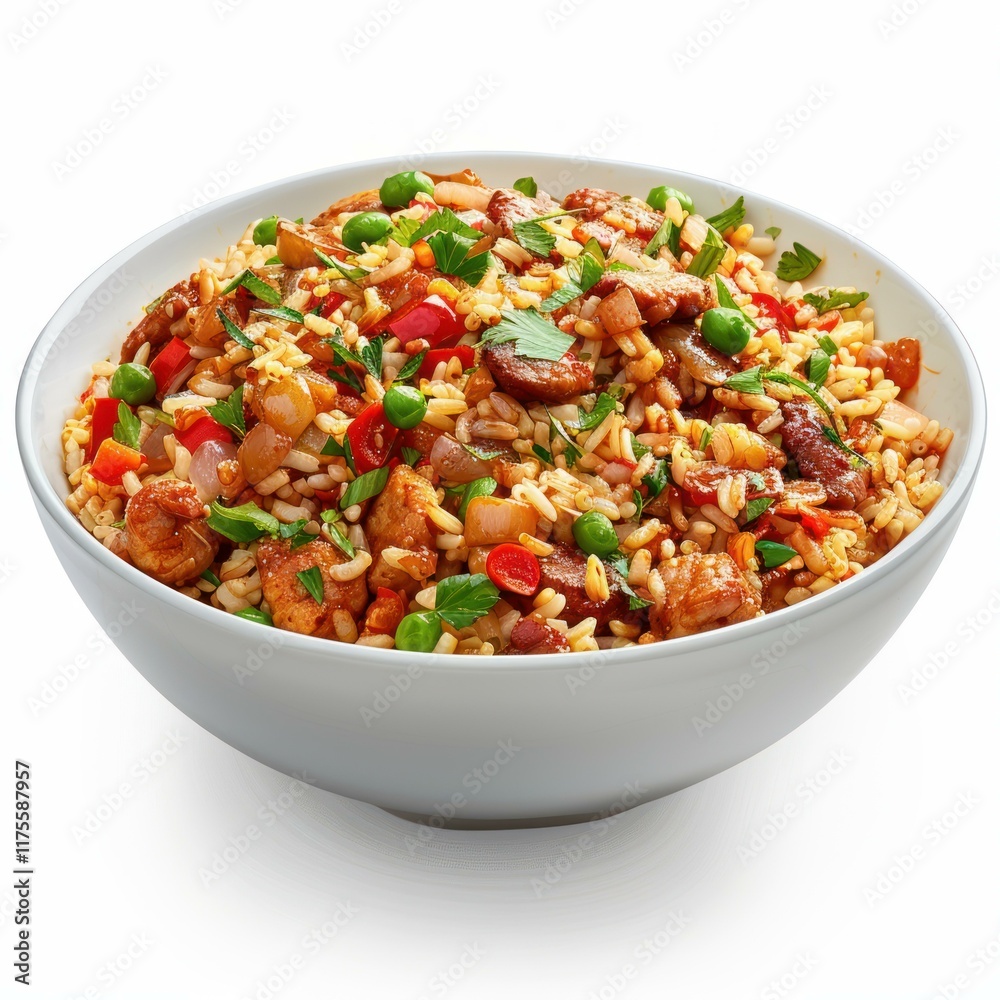 Steaming jambalaya with rice, chicken, sausage, and colorful vegetables served in a white bowl, offering a vibrant and flavorful culinary experience Steaming jambalaya with rice, chicken, sausage, and colorful vegetables served in a white bowl, offering a vibrant and flavorful culinary experience