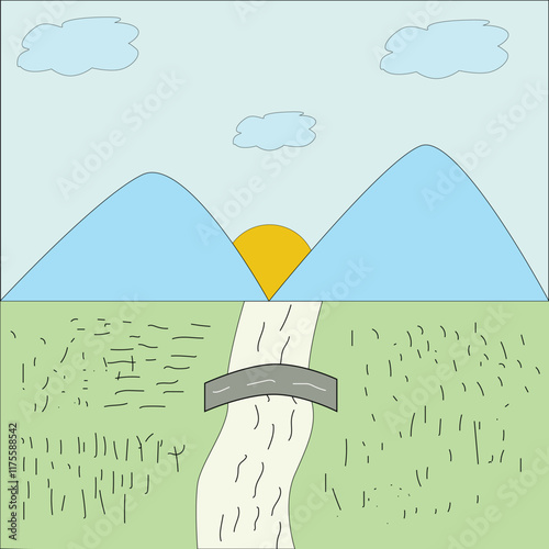 Cartoonish Landscape with Bridge River and a Mountain Sunset