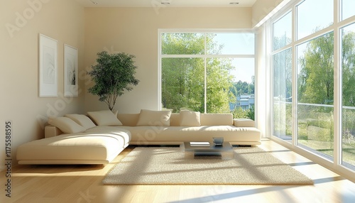 Modern Beige Sofa in Sunny Living Room with Large Windows and Green View
