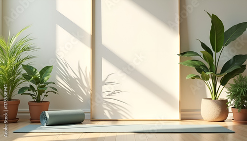 Realistic wellness and fitness concept featuring a yoga mat in a bright, serene indoor environment