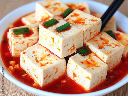 Delicious and Spicy Tofu Dish Served in a Bowl with Red Sauce and Garnished with Green Onions for Asian Culinary Inspiration photo