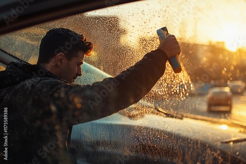 Driver cleaning the car's windshield early in the morning photo