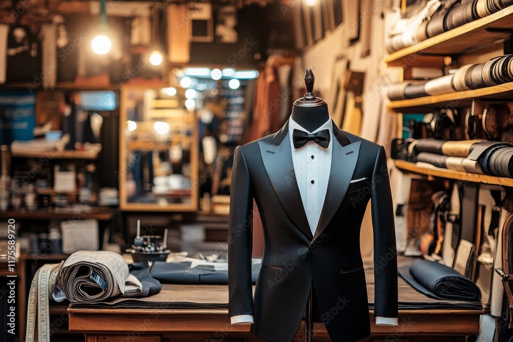 A tuxedo on a wooden mannequin in a tailor shop. A tuxedo on a wooden mannequin in a tailor shop.