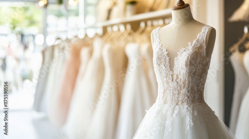 A luxurious wedding dress boutique with elegant bridal gowns displayed on sleek mannequins in a bright, modern interior photo