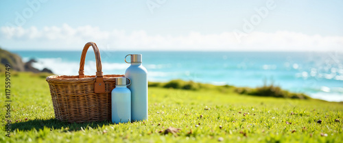 Picnic basket and water bottles on coastal grass