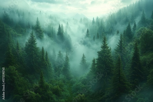 mysterious fog enveloping a dense forest creating an ethereal and tranquil atmosphere with soft diffused light filtering through the trees enhancing a sense of wonder and serenity