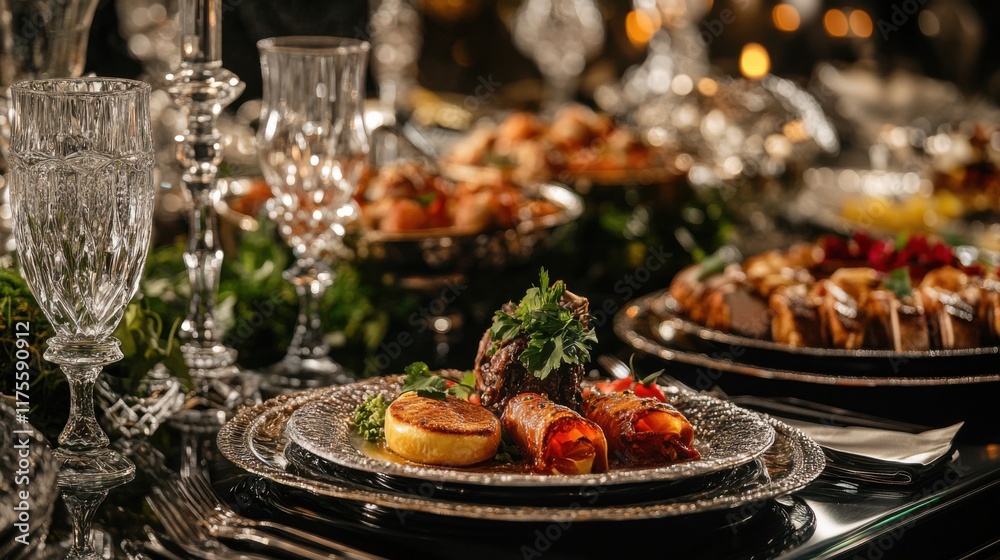 A luxury event catering company showcasing a premium buffet with artfully plated dishes and crystal glassware A luxury event catering company showcasing a premium buffet with artfully plated dishes and crystal glassware