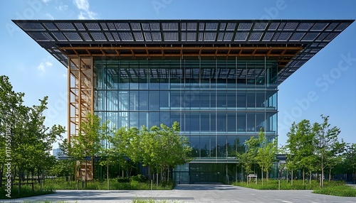 Modern Glass Office Building with Solar Panels and Lush Landscaping