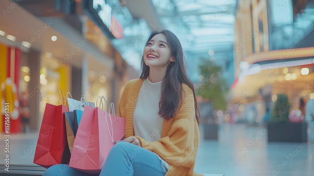 Happy Woman Shopping At Modern Mall With Bags Happy Woman Shopping At Modern Mall With Bags