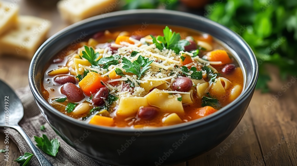 A bowl of hearty minestrone soup with vegetables beans A bowl of hearty minestrone soup with vegetables beans
