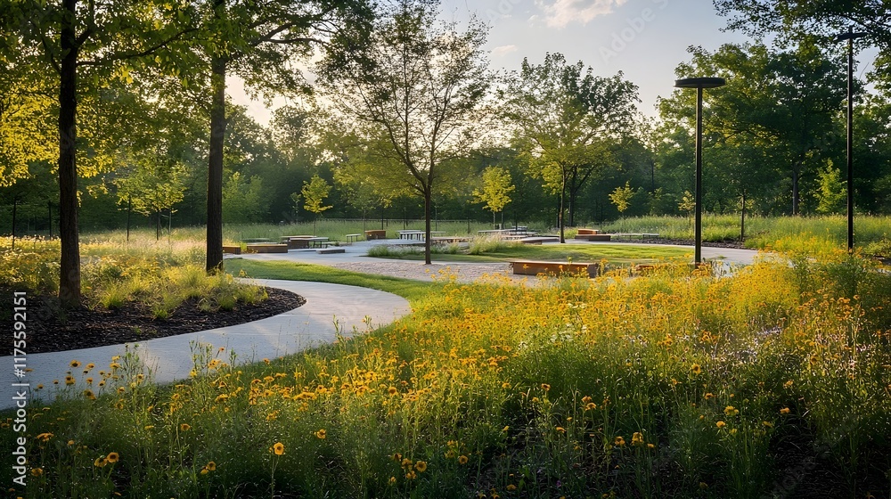 Obraz premium Serene Park Landscape with Wildflowers and Benches at Sunset