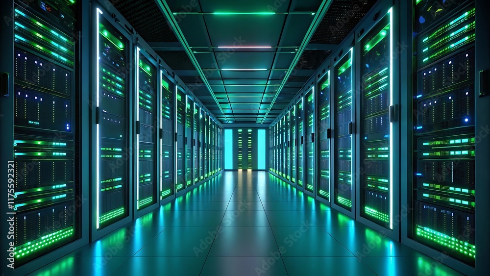 Futuristic Server Room with Green and Blue Neon Glow for AI-Driven Cloud Computing and Networking Futuristic Server Room with Green and Blue Neon Glow for AI-Driven Cloud Computing and Networking