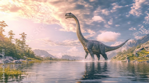 A large dinosaur wades through a tranquil body of water in a picturesque landscape. photo