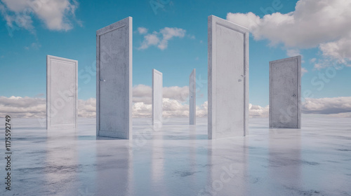 Multiple doors stand on a reflective surface under a blue sky filled with clouds
