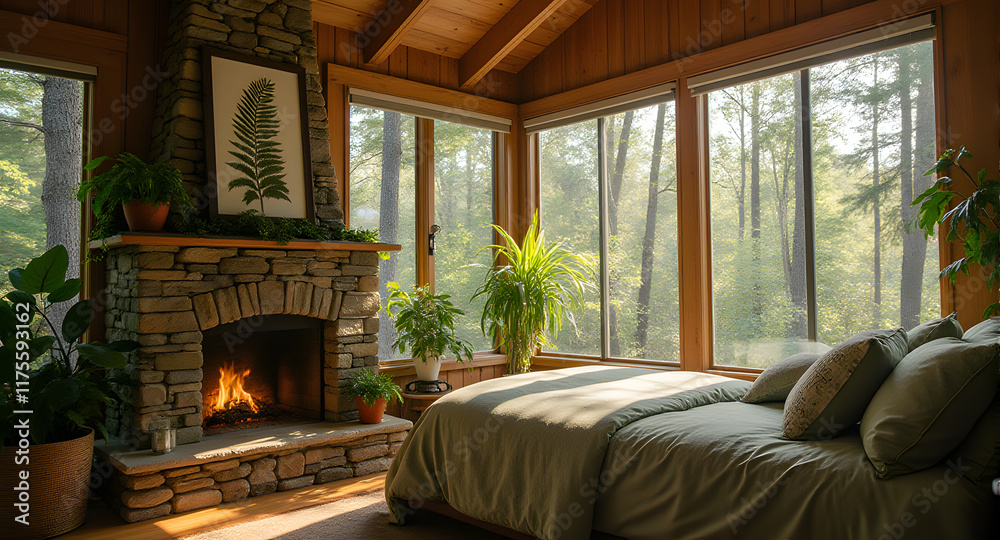 Cozy Cabin Bedroom with Stone Fireplace and Forest View Cozy Cabin Bedroom with Stone Fireplace and Forest View