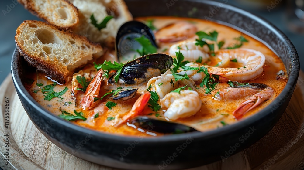 A bowl of seafood filled creamy soup garnished A bowl of seafood filled creamy soup garnished