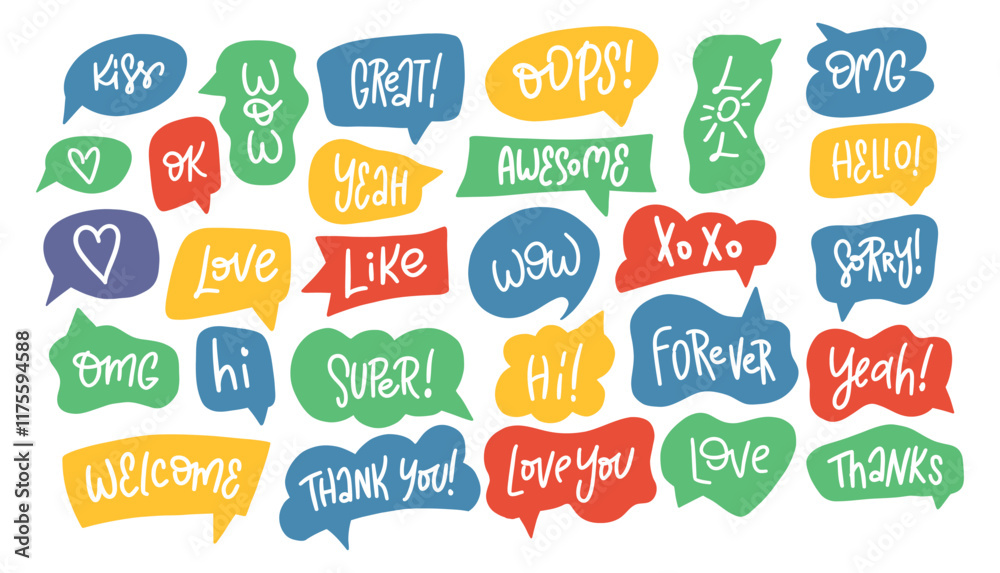 Fototapeta premium A set of colorful speech bubbles with various hand-drawn text phrases. Perfect for projects related to communication, emotions, and social media.