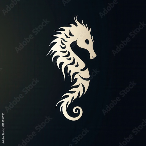 Elegant stylized seahorse design, white on dark background. photo