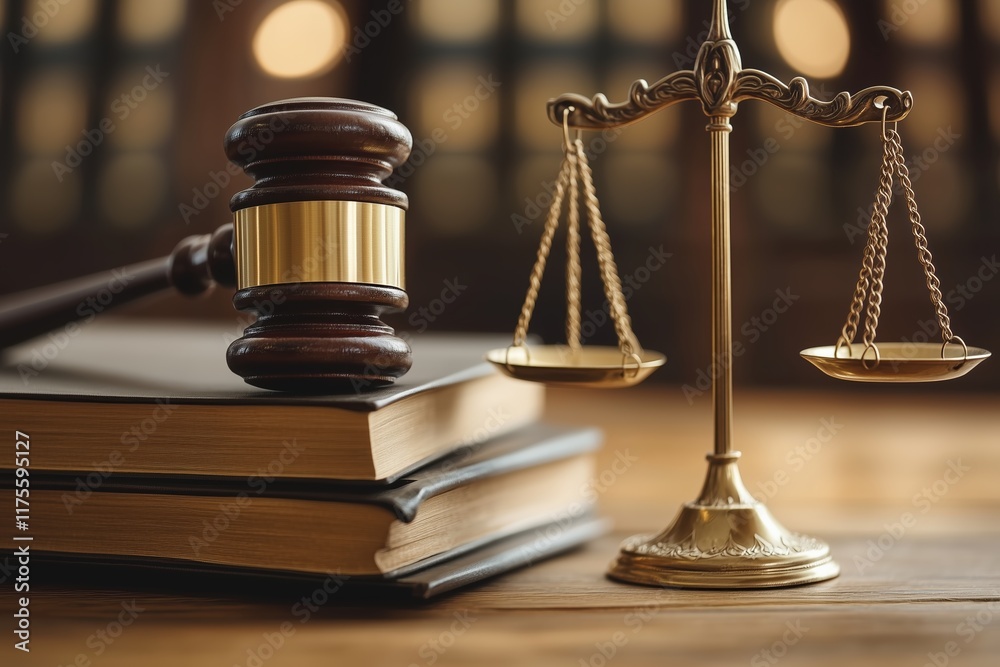 A Wooden Gavel Resting on its Sound Block in the Foreground Brass Justice Scale With Book of Law and Judicial System A Wooden Gavel Resting on its Sound Block in the Foreground Brass Justice Scale With Book of Law and Judicial System