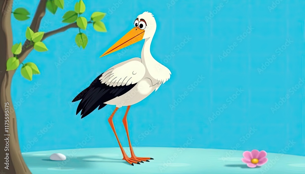 Cartoon stork, tree, blue sky, illustration, children's book, educational Cartoon stork, tree, blue sky, illustration, children's book, educational