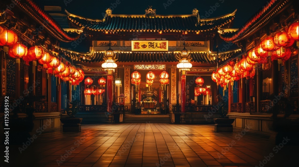 Illuminated Chinese Temple Courtyard at Night Illuminated Chinese Temple Courtyard at Night