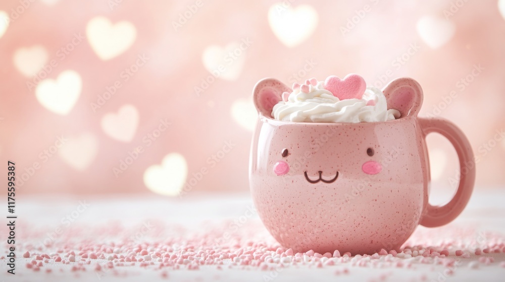 Cute hamster mug of coffee with marshmallows. Banner with place for text. Cosy season sweet drink cup. Friendship or love concept greeting card. Cute hamster mug of coffee with marshmallows. Banner with place for text. Cosy season sweet drink cup. Friendship or love concept greeting card.