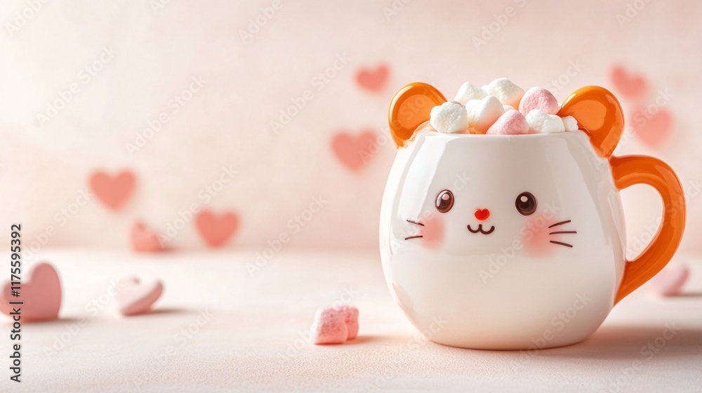 Cute hamster mug of coffee with marshmallows. Banner with place for text. Cosy season sweet drink cup. Friendship or love concept greeting card. Cute hamster mug of coffee with marshmallows. Banner with place for text. Cosy season sweet drink cup. Friendship or love concept greeting card.