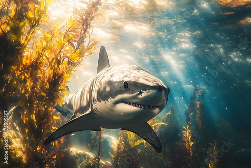 Great white shark swimming through sunlit kelp forest photo