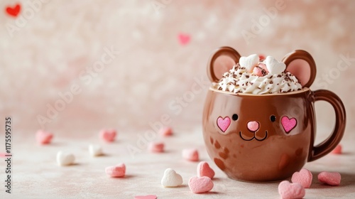 Cute hamster mug of coffee with marshmallows. Banner with place for text. Cosy season sweet drink cup. Friendship or love concept greeting card.