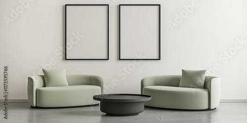 Two empty black frame mockups on a white wall, a minimalist interior design with a light green sofa and a round coffee table, a concrete floor
