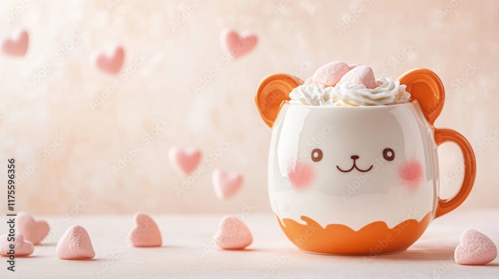 Cute hamster mug of coffee with marshmallows. Banner with place for text. Cosy season sweet drink cup. Friendship or love concept greeting card.