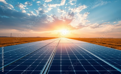 solar panels, vast field, dramatic sunset, vibrant sky, renewable energy, rural landscape, power generation, clean technology, golden hour, sun rays, expansive horizon, sustainable future, photovoltai photo