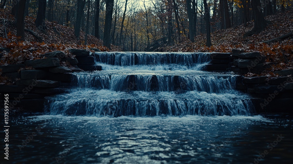 Fototapeta premium Cascading waterfall in a tranquil forest, autumn leaves, stone steps.