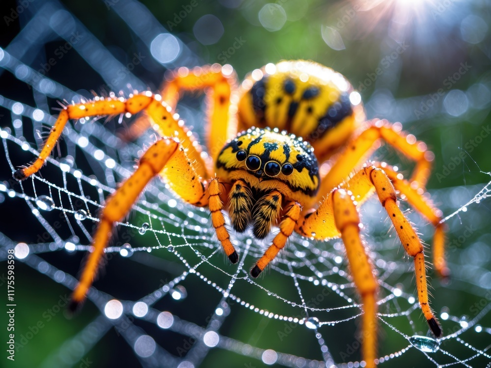 Fototapeta premium Vivid orange spider building its intricate web adorned with morning dew in a lush green environment