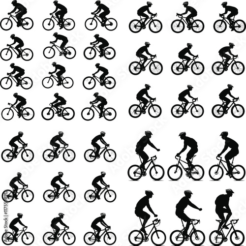 set of silhouettes of people riding bicycle. cyclist side view. high detail. isolated on a background, A set of bicycle cyclists riding their bikes in silhouette