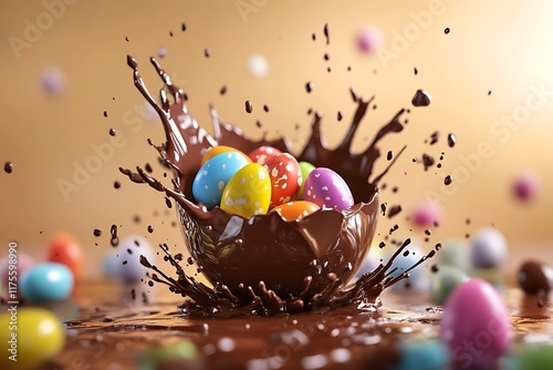 Colorful candy eggs explode from a chocolate Easter egg. photo