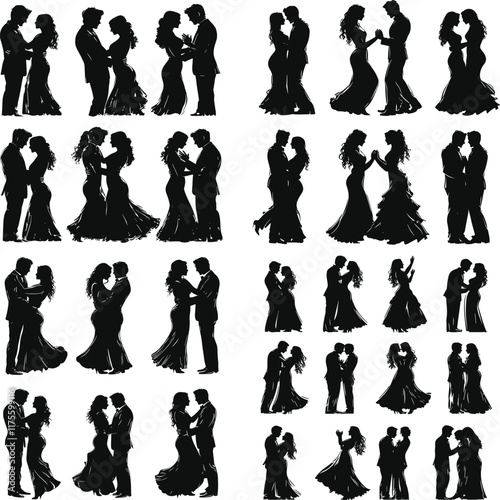 Set of romantic couple dancing have fun together silhouettes isolated on white background, Cute couple dancing | vector silhouette illustration on white background