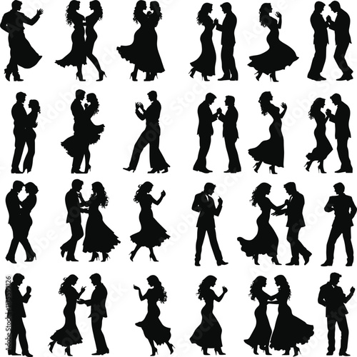 Set of romantic couple dancing have fun together silhouettes isolated on white background, Cute couple dancing | vector silhouette illustration on white background