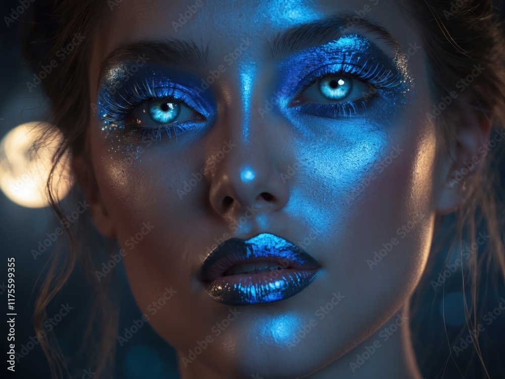 Fototapeta premium Stunning close-up of a model with dramatic blue makeup and striking reflective features under soft lighting at an evening event