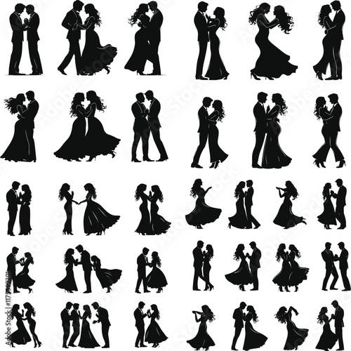 Set of romantic couple dancing have fun together silhouettes isolated on white background, Cute couple dancing | vector silhouette illustration on white background