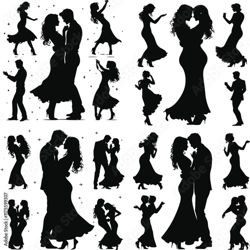 Set of romantic couple dancing have fun together silhouettes isolated on white background, Cute couple dancing | vector silhouette illustration on white background