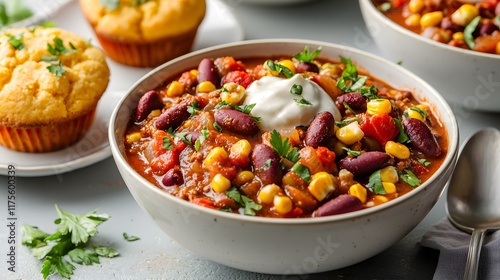 A hearty bowl of chili with beans, corn, and topped with sour cream, accompanied by cornbread muffins, garnished with fresh cilantro.